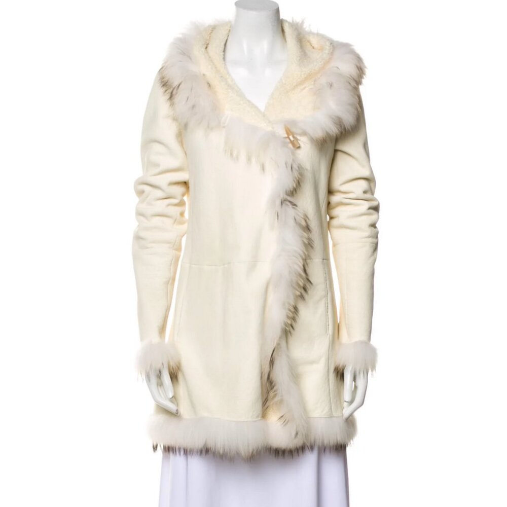Nigel Preston & Knight White Suede Leather Sheepskin Hooded Fur Coat Shearling
